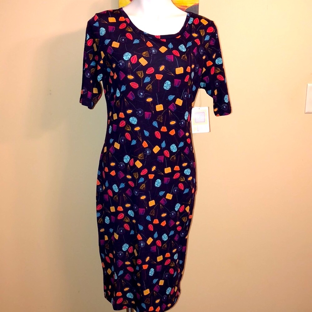 NWT LULAROE Julia Dark Navy Blue Dandelions & Leaves Colorful Fall Dress Size XL